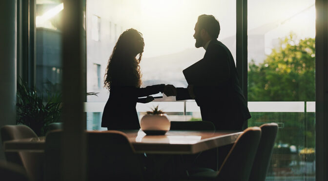 Corporate, people and handshake for meeting in office of partnershi